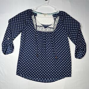 Rewind Blue Boho Lace Bib Tunic TopTie Neck • Long Sleeve • Size Small